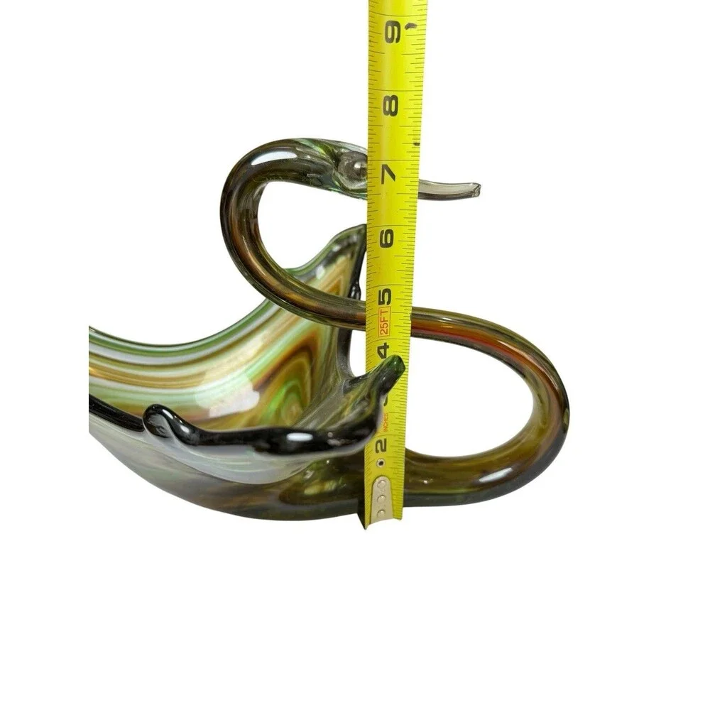 Vintage MCM Hand Blown Sooner Glass Swan Centerpiece Brown Green Swirl